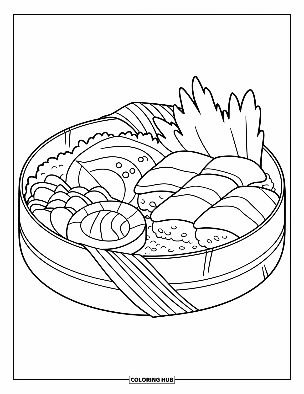 Desen de colorat cu Japonia pentru copii: O cutie bento împachetată îngrijit prezintă orez, sushi și tempura în compartimente separate