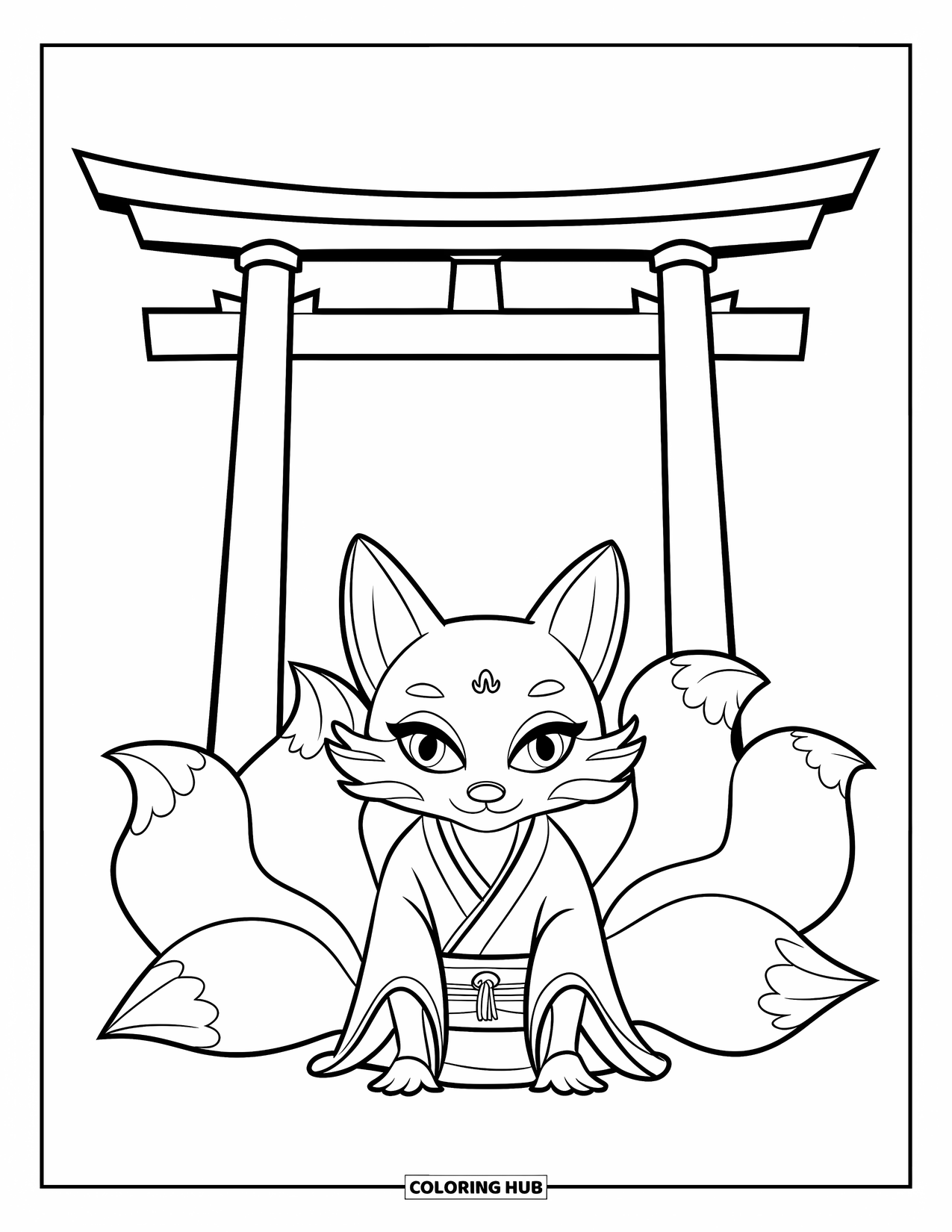 Desen de colorat cu Japonia pentru copii: Un vulpoi cu nouă cozi (kitsune) stă lângă o poartă torii, privind în depărtare