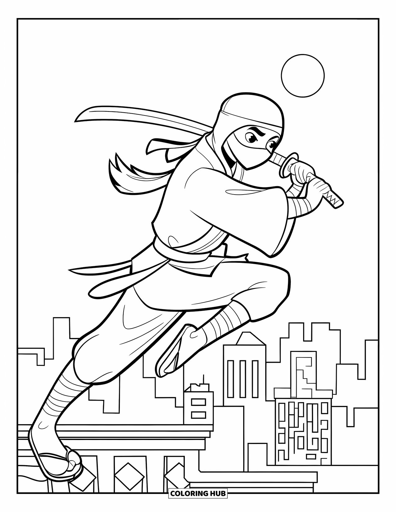 Desen de colorat cu Japonia pentru copii: O ninja într-o robă largă sare peste orizontul orașului cu luna în spate