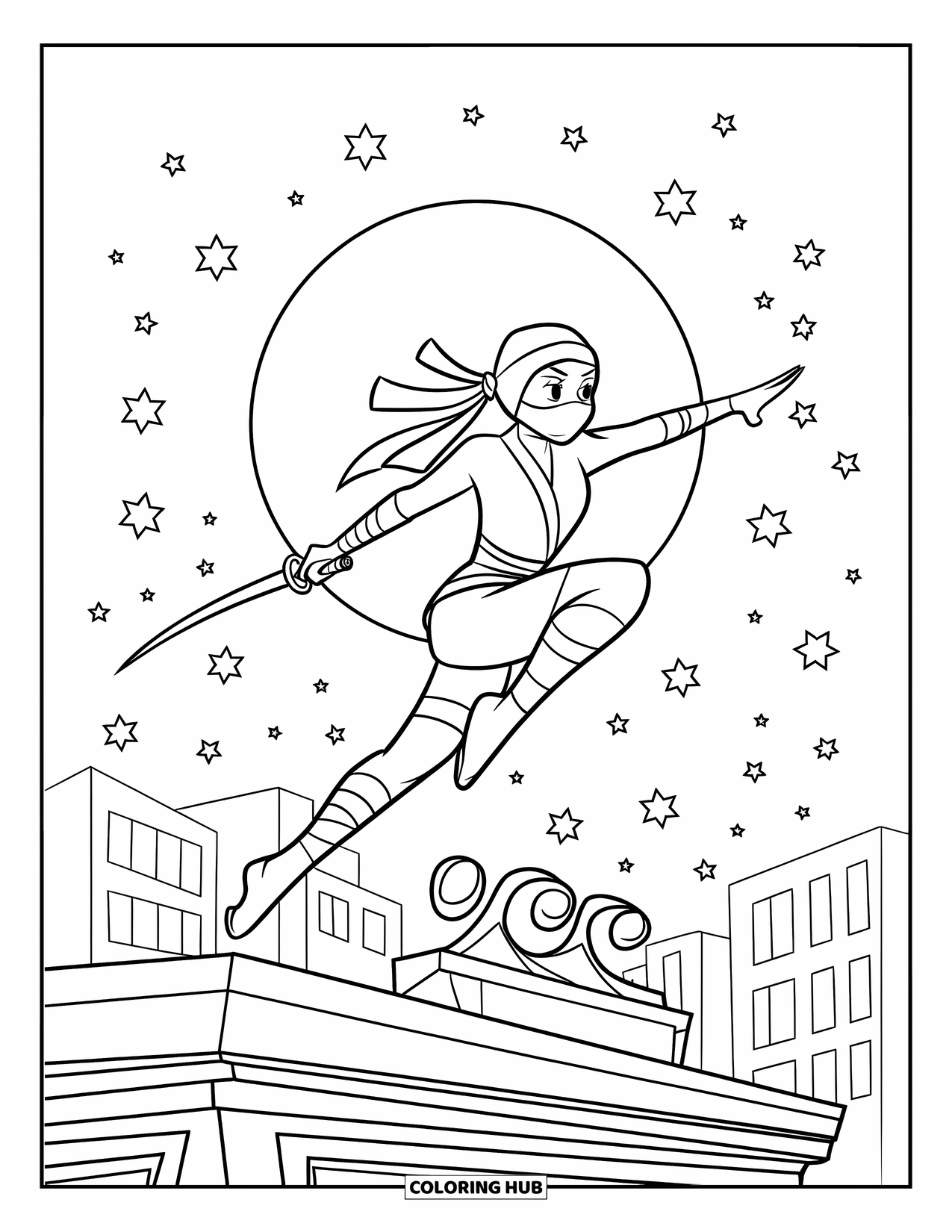 Desen de colorat cu Japonia pentru copii: Un ninja zboară deasupra acoperișurilor, cu sabia scoasă, sub un cer luminat de lună