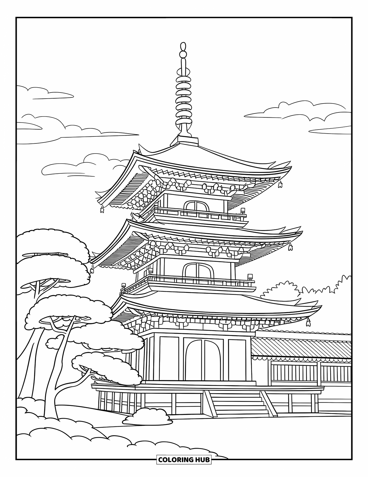 Desen de colorat cu Japonia pentru copii: O pagodă cu sculpturi elegante din lemn stă liniștită pe fundalul dealurilor