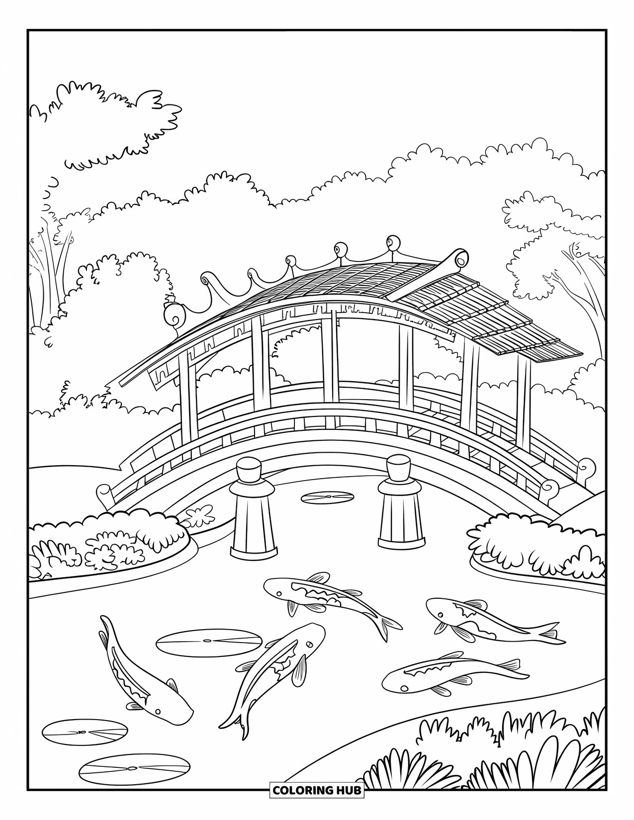 Desen de colorat cu Japonia pentru copii: Un iaz pașnic cu nuferi este încadrat de un pod elegant din lemn