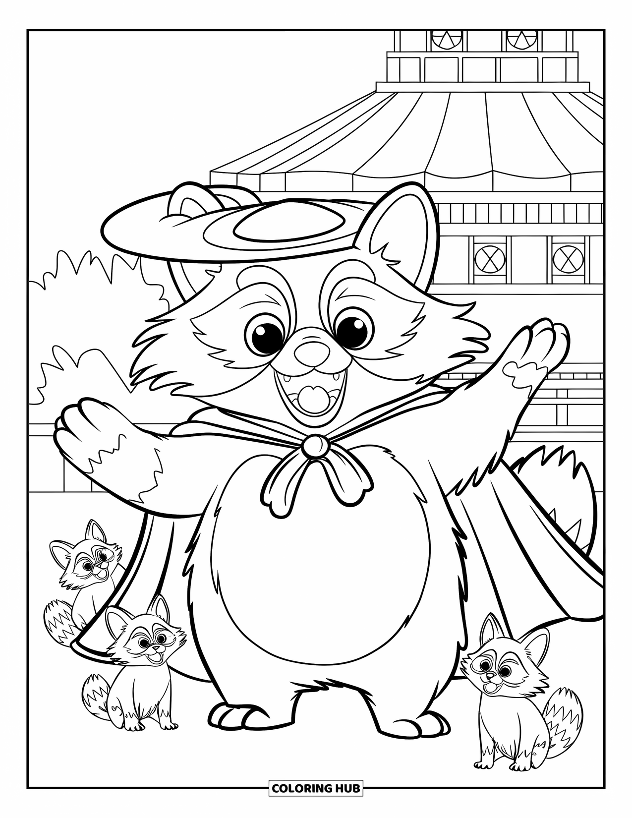 Desen de colorat cu Japonia pentru copii: Un tanuki plinuț, cu un zâmbet ștrengar, stă lângă statui mici de tanuki