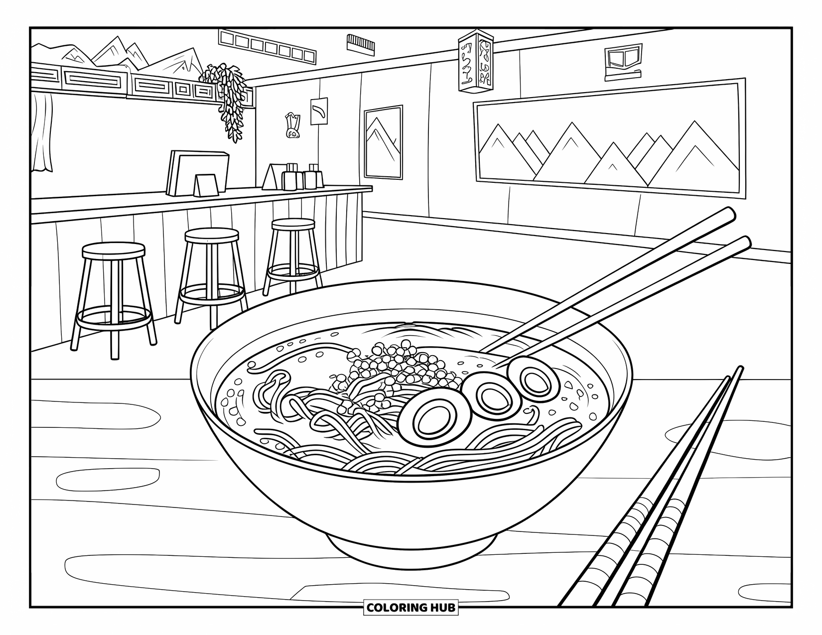 Desen de colorat cu Japonia pentru copii: Un magazin de ramen are un tejghea cu scaune, un bol de ramen și o podea din lemn decorată