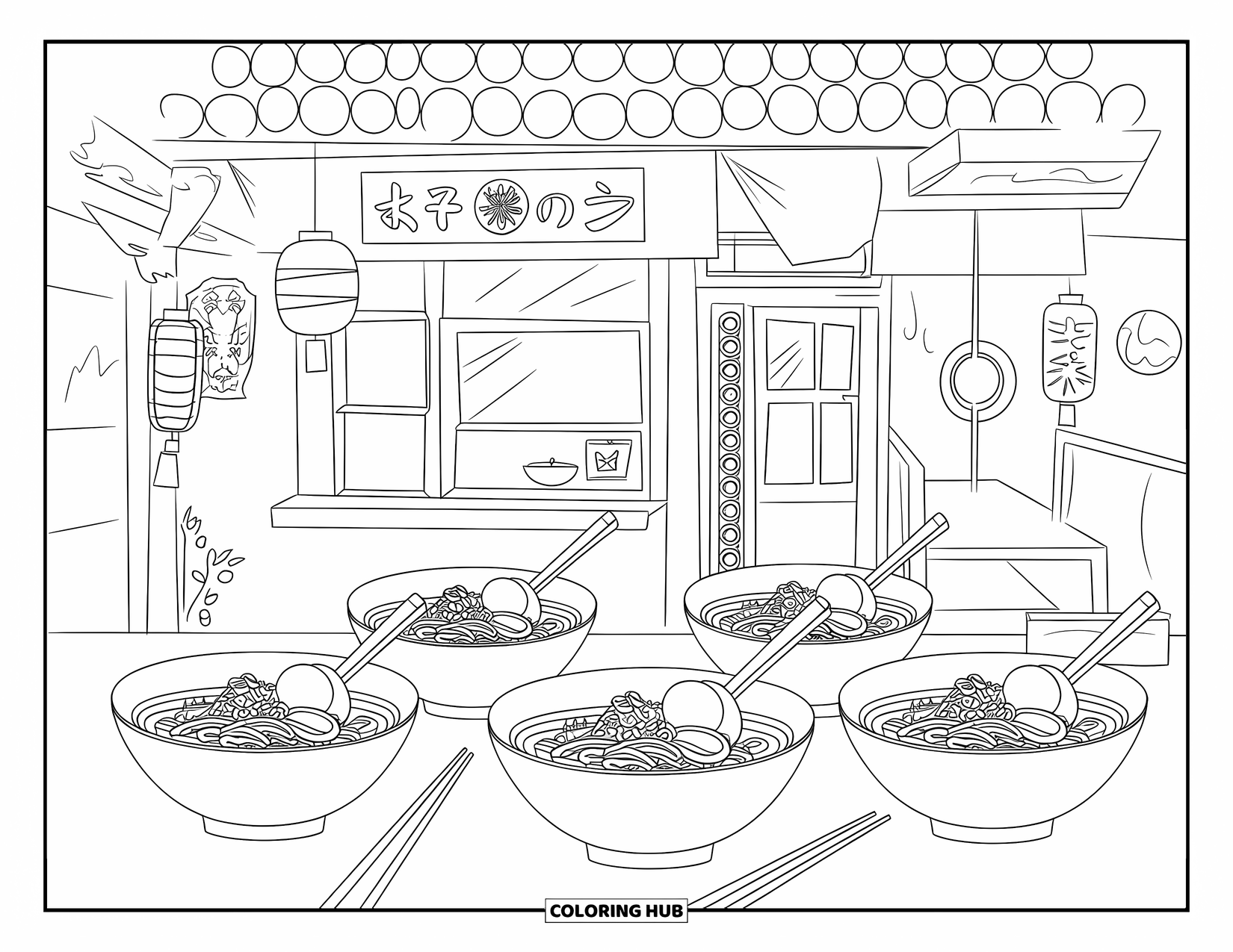 Desen de colorat cu Japonia pentru copii: Un magazin de ramen cu felinare și un semn are boluri cu tăiței și bețișoare pe masă
