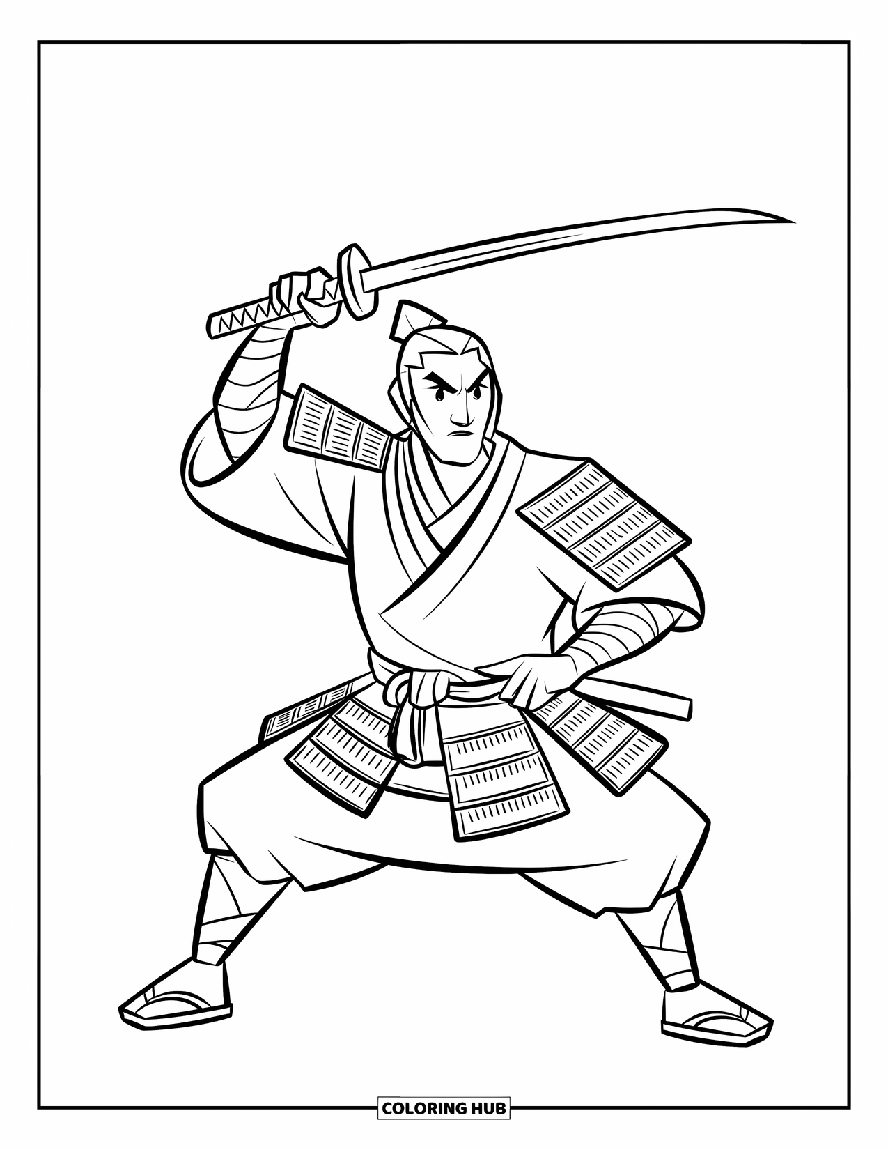 Desen de colorat cu Japonia pentru copii: Un războinic samurai ține o katana ridicată, stând cu hotărâre în armura sa tradițională