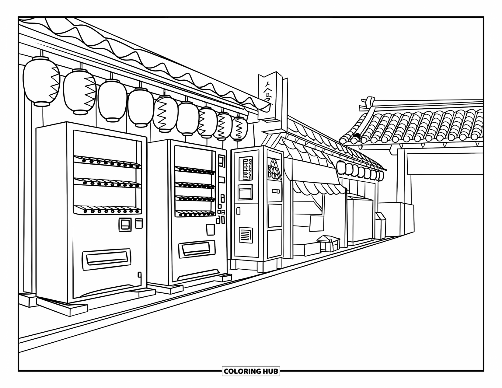 Desen de colorat cu Japonia pentru copii: O stradă simplă din Tokyo are automate, felinare strălucitoare și o poartă tradițională
