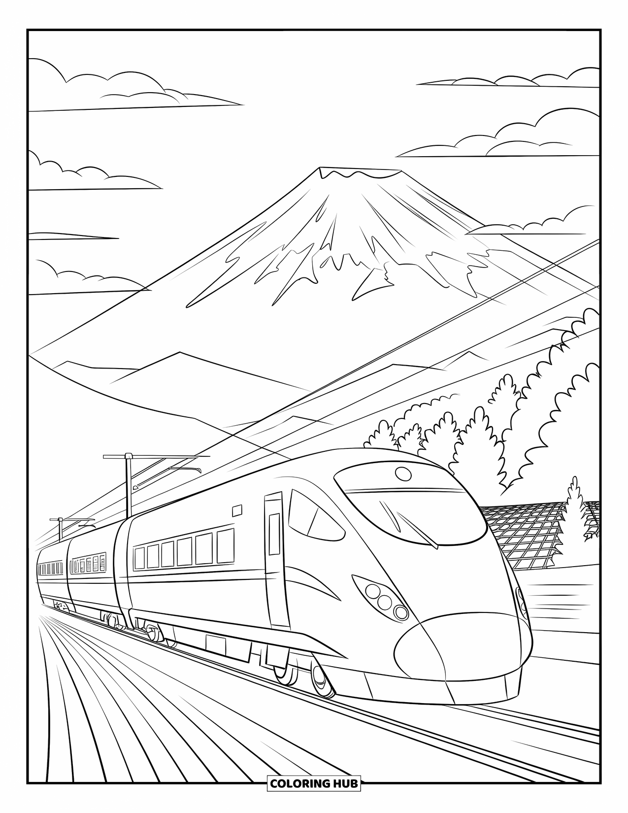 Desen de colorat cu Japonia pentru copii: Un tren glonț elegant gonește printr-un peisaj montan pitoresc, cu Muntele