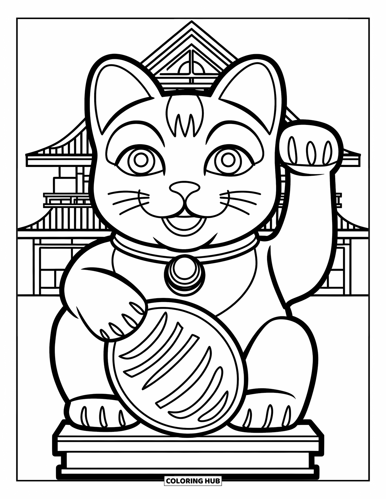 Desen de colorat cu Japonia pentru copii: Un Maneki Neko zâmbitor își ridică laba, urând bun venit norocului