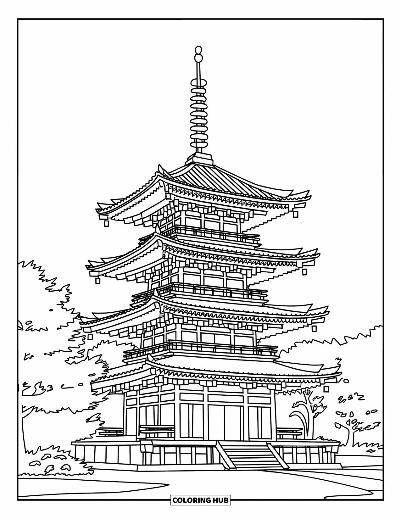 Desen de colorat cu Japonia pentru copii: O pagodă japoneză impunătoare se înalță printre copaci, structura sa fiind plină de detalii complicate