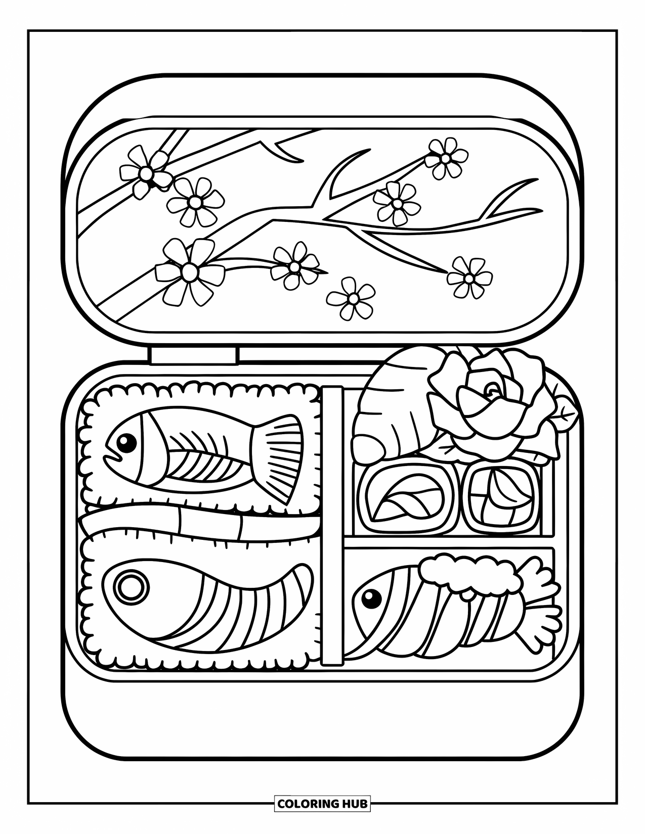 Desen de colorat cu Japonia pentru copii: O cutie bento tradițională conține orez, rulouri de sushi și tempura crocantă