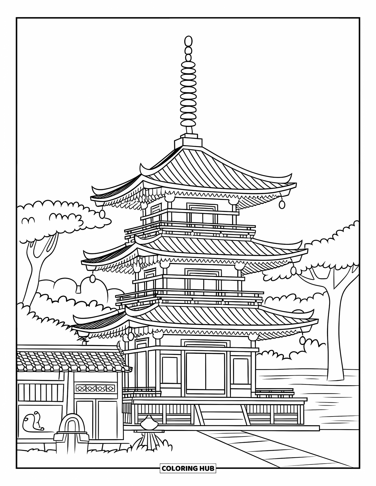 Desen de colorat cu Japonia pentru copii: O pagodă tradițională japoneză cu acoperișuri stratificate este amplasată printre copaci cu frunze