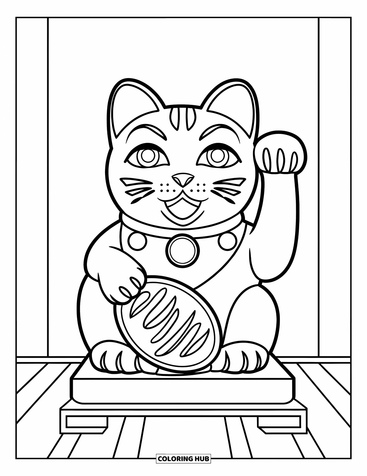 Desen de colorat cu Japonia pentru copii: O statuie tradițională Maneki Neko stă mândră, ținând o monedă de aur în labe