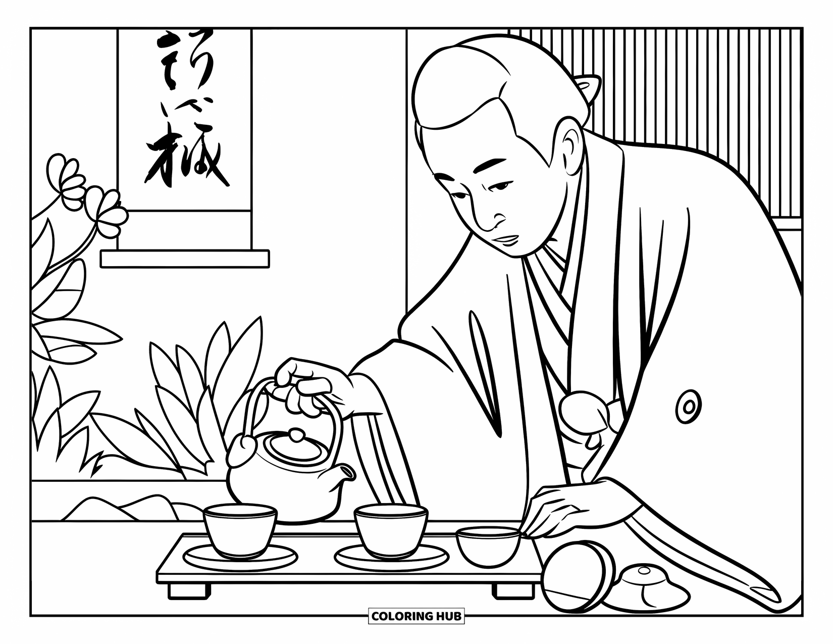 Desen de colorat cu Japonia pentru copii: O ceremonie tradițională a ceaiului se desfășoară cu un ceainic mic, căni și un cadru pașnic