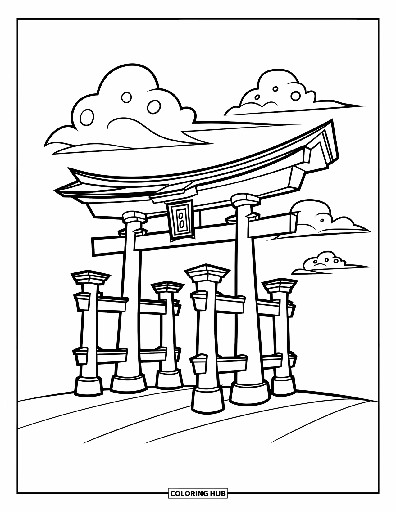 Desen de colorat cu Japonia pentru copii: O poartă torii tradițională se ridică dintr-un peisaj pașnic, încadrată de nori plutitori