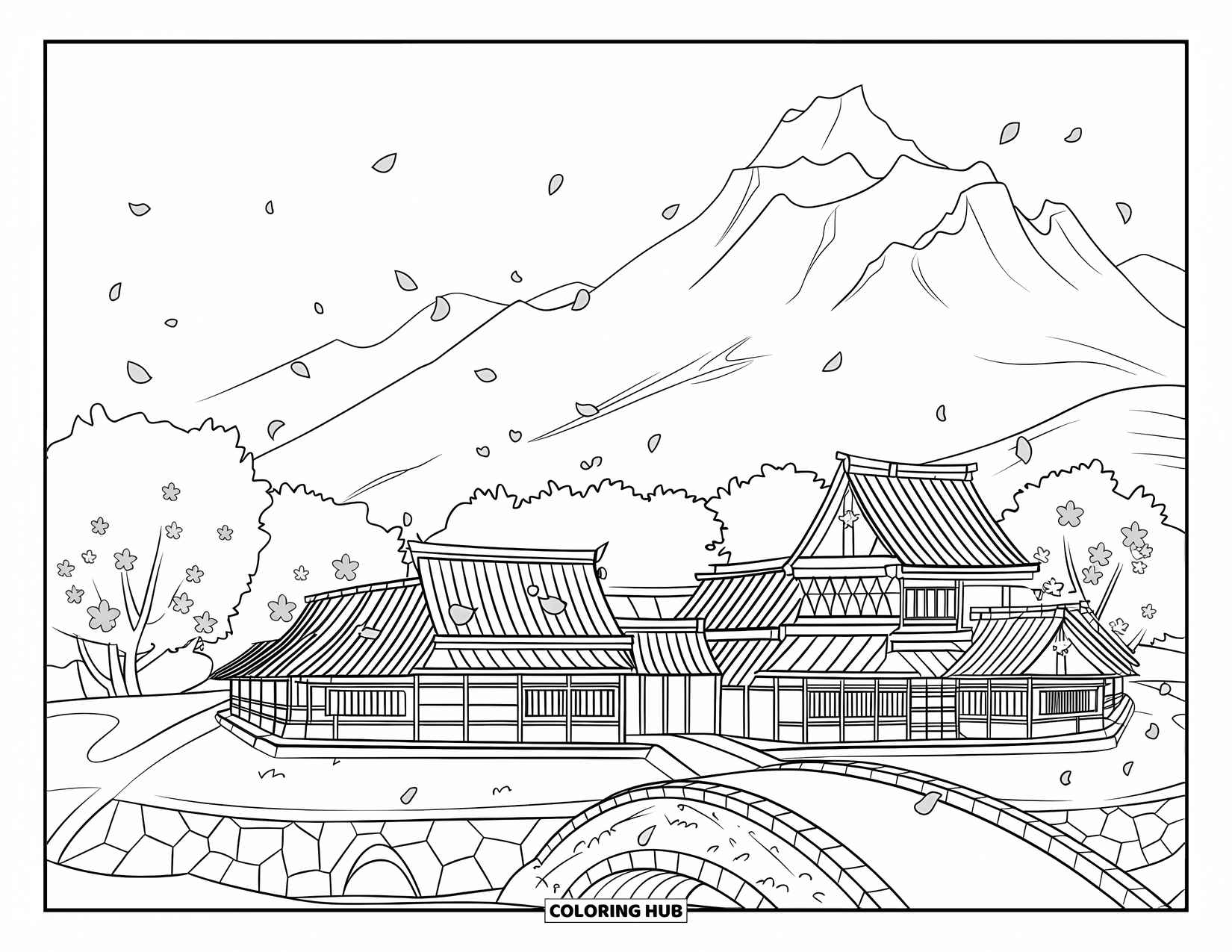 Desen de colorat cu Japonia pentru copii: Un sat cu case din lemn și cireși sakura se află lângă un șanț cu un pod de piatră