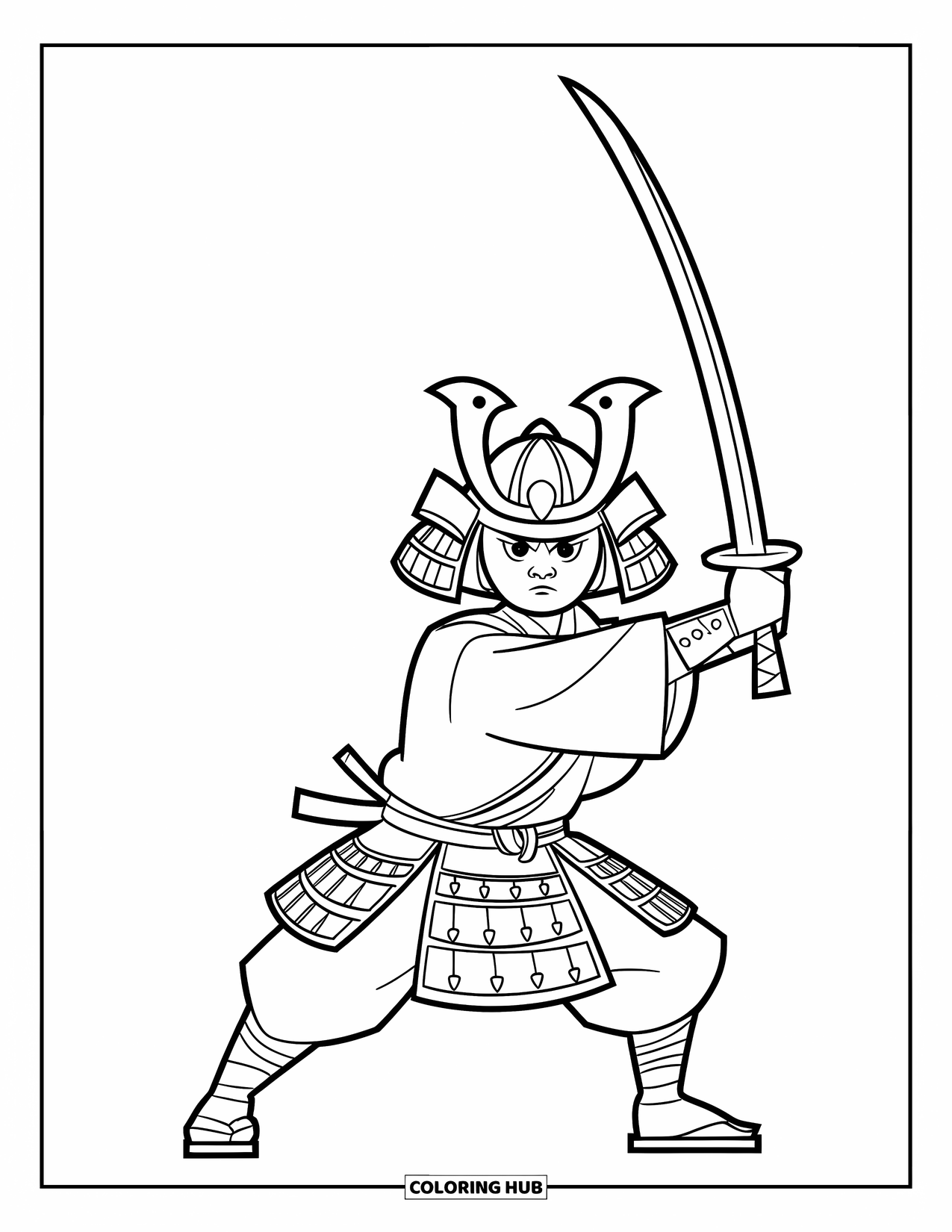 Desen de colorat cu Japonia pentru copii: Un războinic în armură complicată mânuiește o katana într-o postură puternică, pregătită de luptă