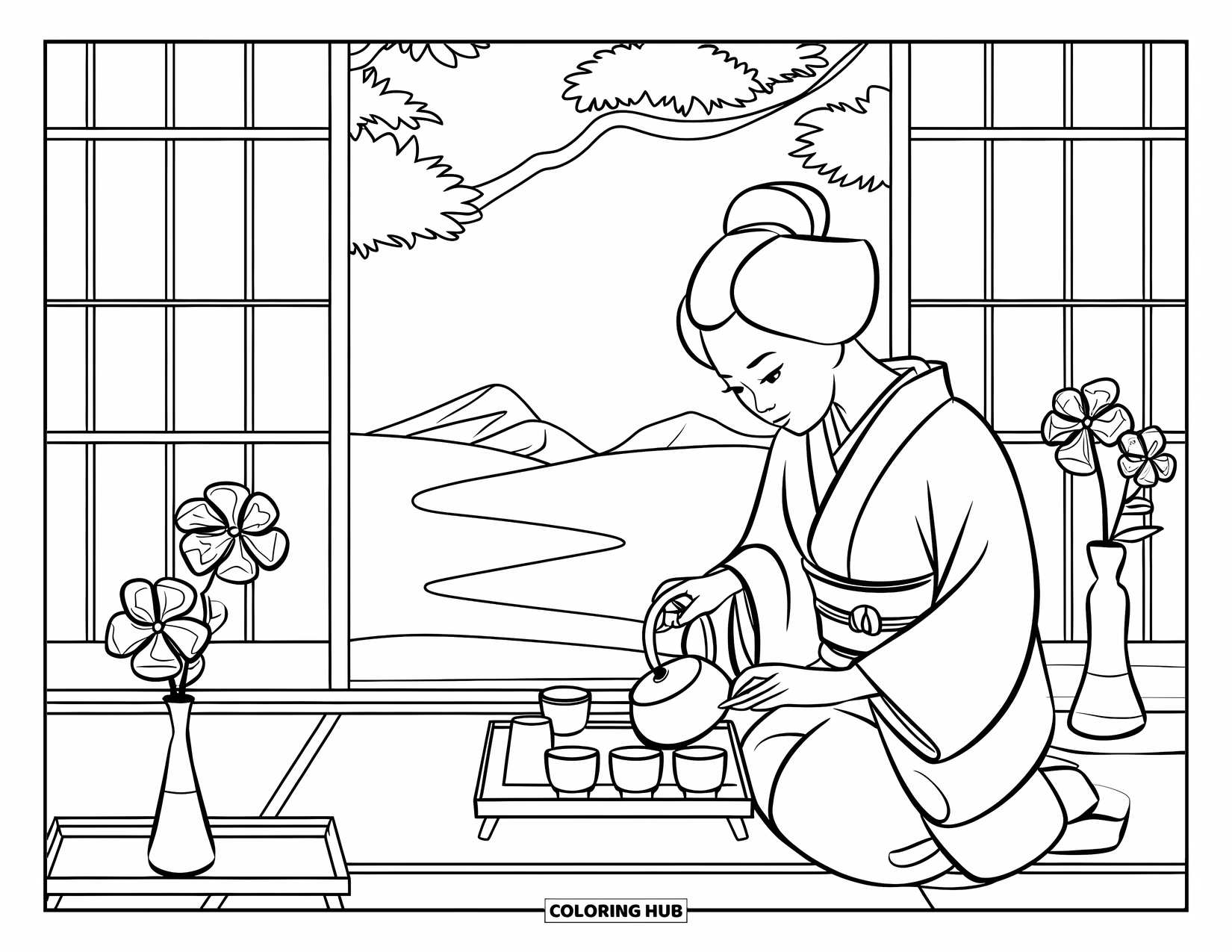 Desen de colorat cu Japonia pentru copii: O femeie în kimono toarnă ceai într-o cameră liniștită cu paravane shoji