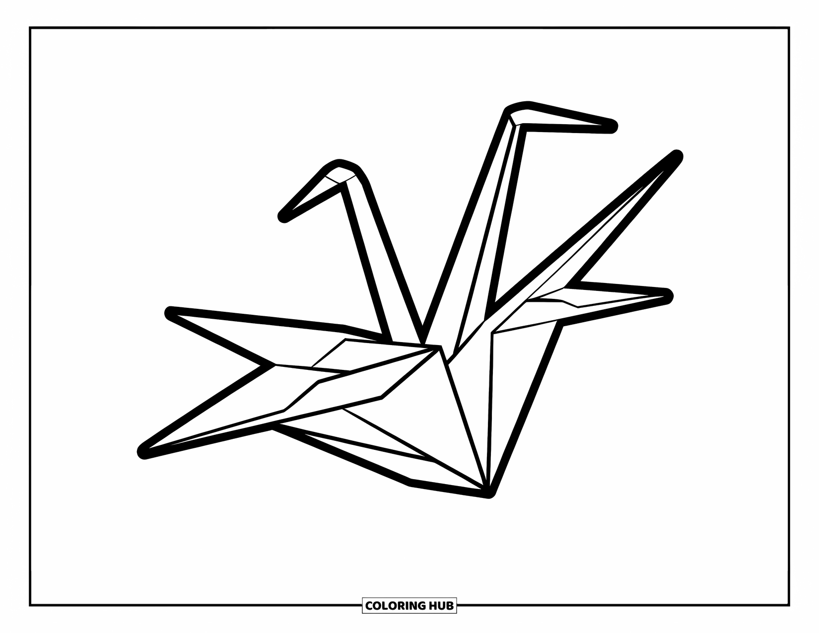 Desen de colorat cu Japonia pentru copii: Un cocor origami cu pliuri clare pare să zboare pe un cer senin