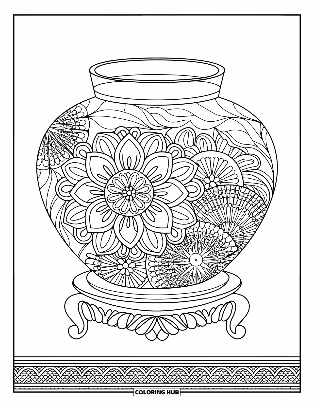 Disegno da colorare di un barattolo per adulti: Un barattolo floreale su un supporto di legno presenta petali simili a mandala e un bordo decorativo
