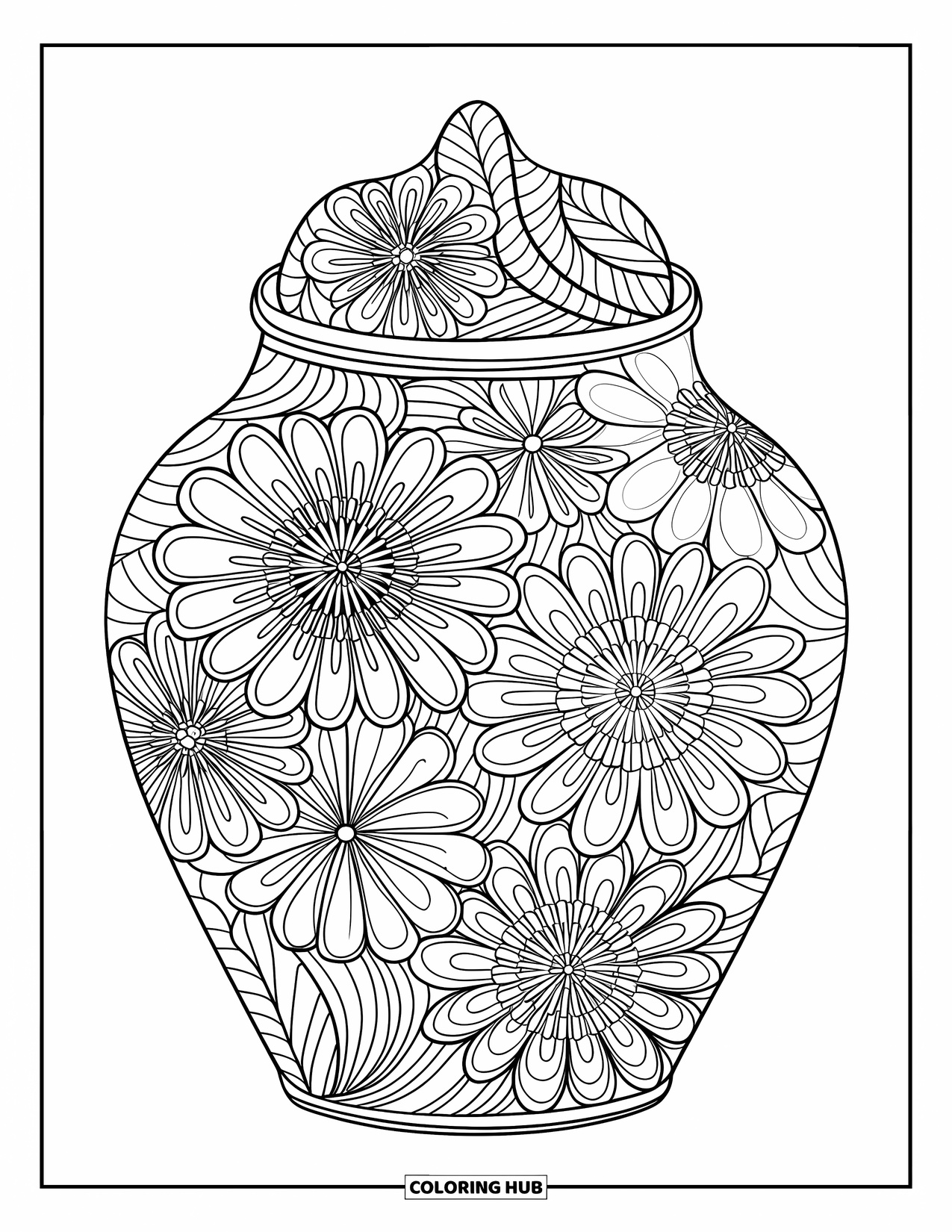 Disegno da colorare di un barattolo per adulti: Un barattolo floreale con coperchio mostra petali simili a mandala avvolti attorno al vetro