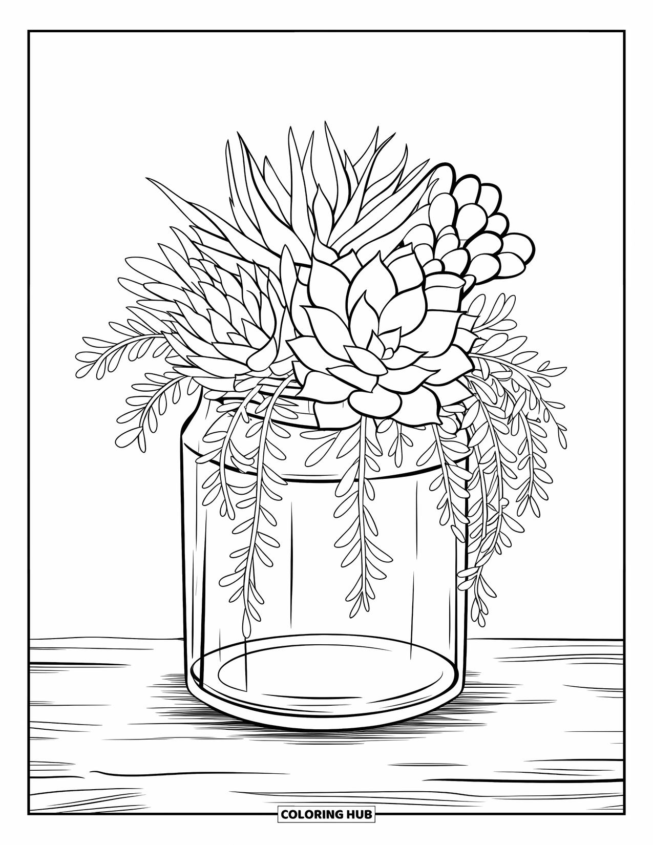 Disegno da colorare di un barattolo per adulti: Un barattolo di vetro su legno mostra piante grasse e delicate rampicanti drappeggiate con grazia