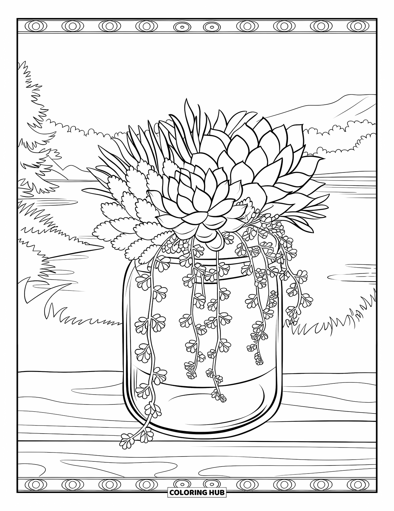 Disegno da colorare di un barattolo per adulti: Un barattolo di vetro su legno mostra piante grasse e rampicanti con un paesaggio sereno e un bordo