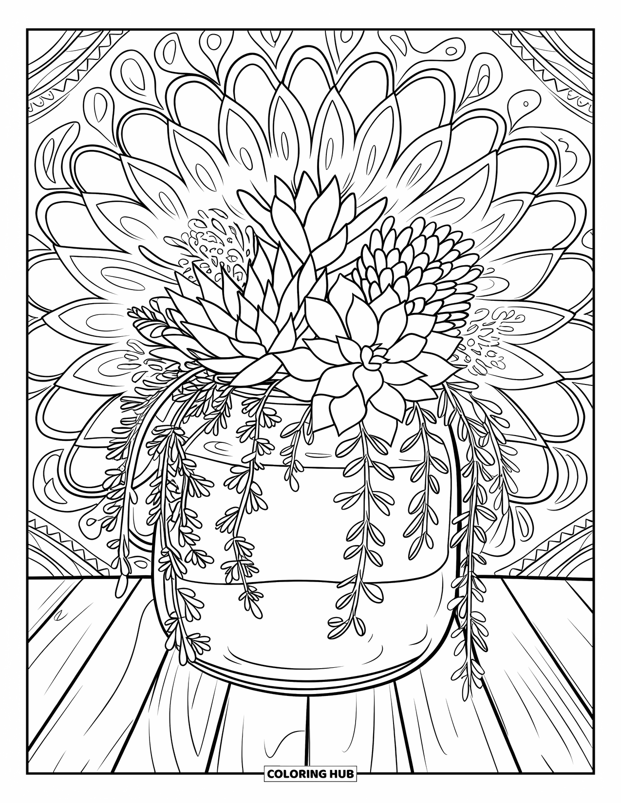 Disegno da colorare di un barattolo per adulti: Un barattolo di vetro su legno contiene piante grasse e rampicanti, incorniciato da uno sfondo a motivi intricati