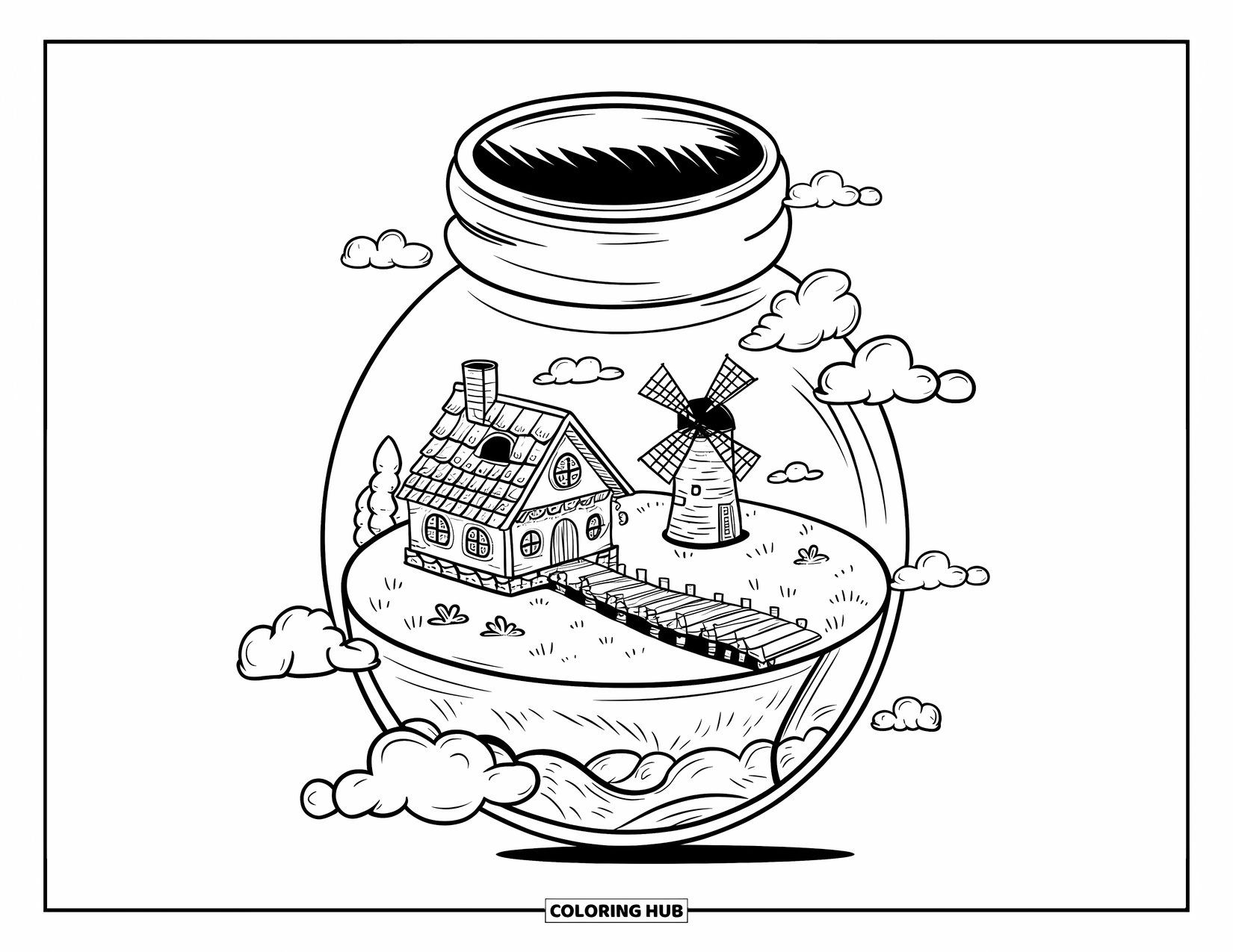 Disegno da colorare di un barattolo per adulti: Un barattolo contiene un'isola galleggiante con una casa, un ponte, un giardino, un mulino a vento e nuvole