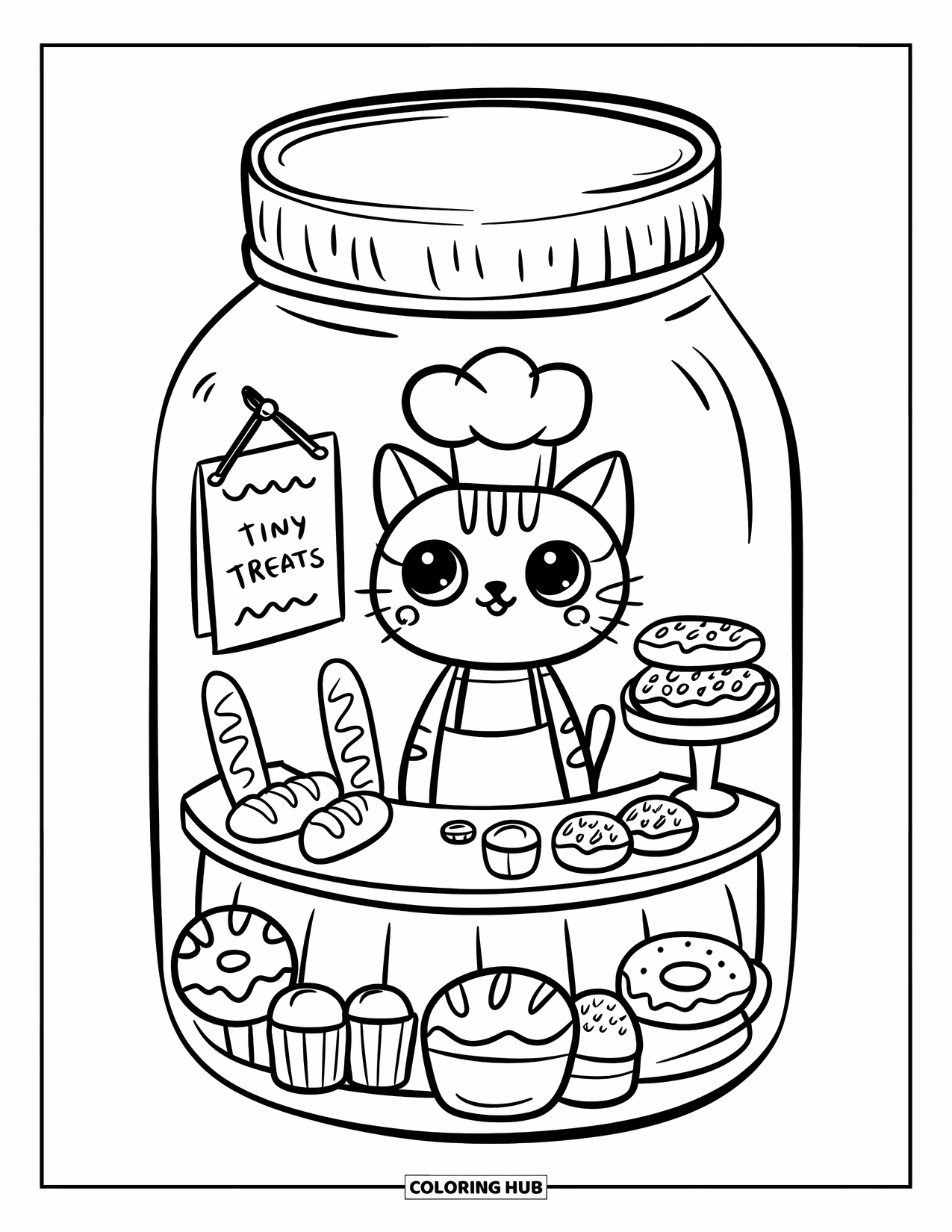 Disegno da colorare di un barattolo per adulti: Un barattolo contiene una panetteria in miniatura con un gatto soriano e dolcetti in mostra