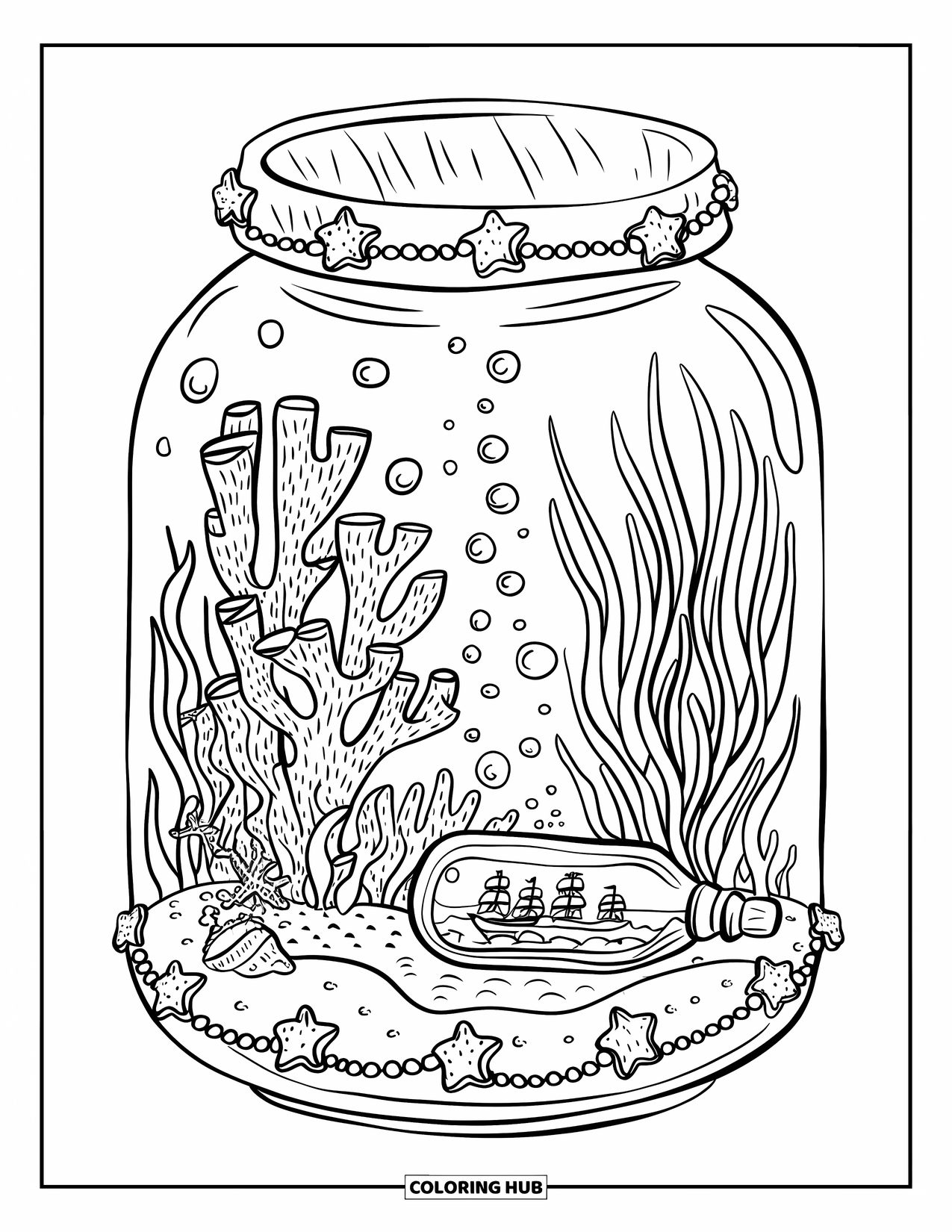 Disegno da colorare di un barattolo per adulti: Un barattolo contiene una scena sottomarina con coralli, conchiglie, alghe, bolle e una nave