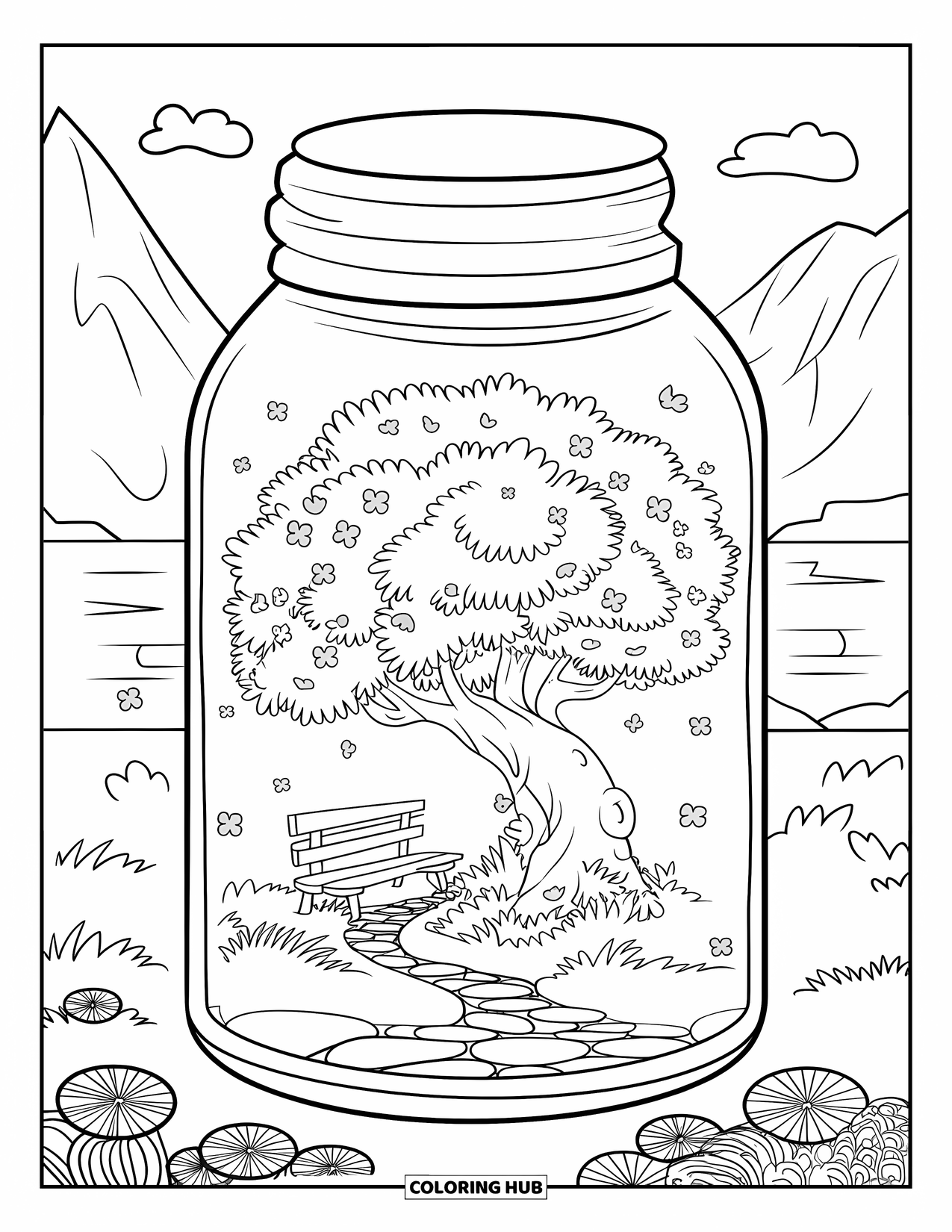 Disegno da colorare di un barattolo per adulti: Un barattolo racchiude un albero di ciliegio in fiore con un tronco paffuto, una panchina e un sentiero