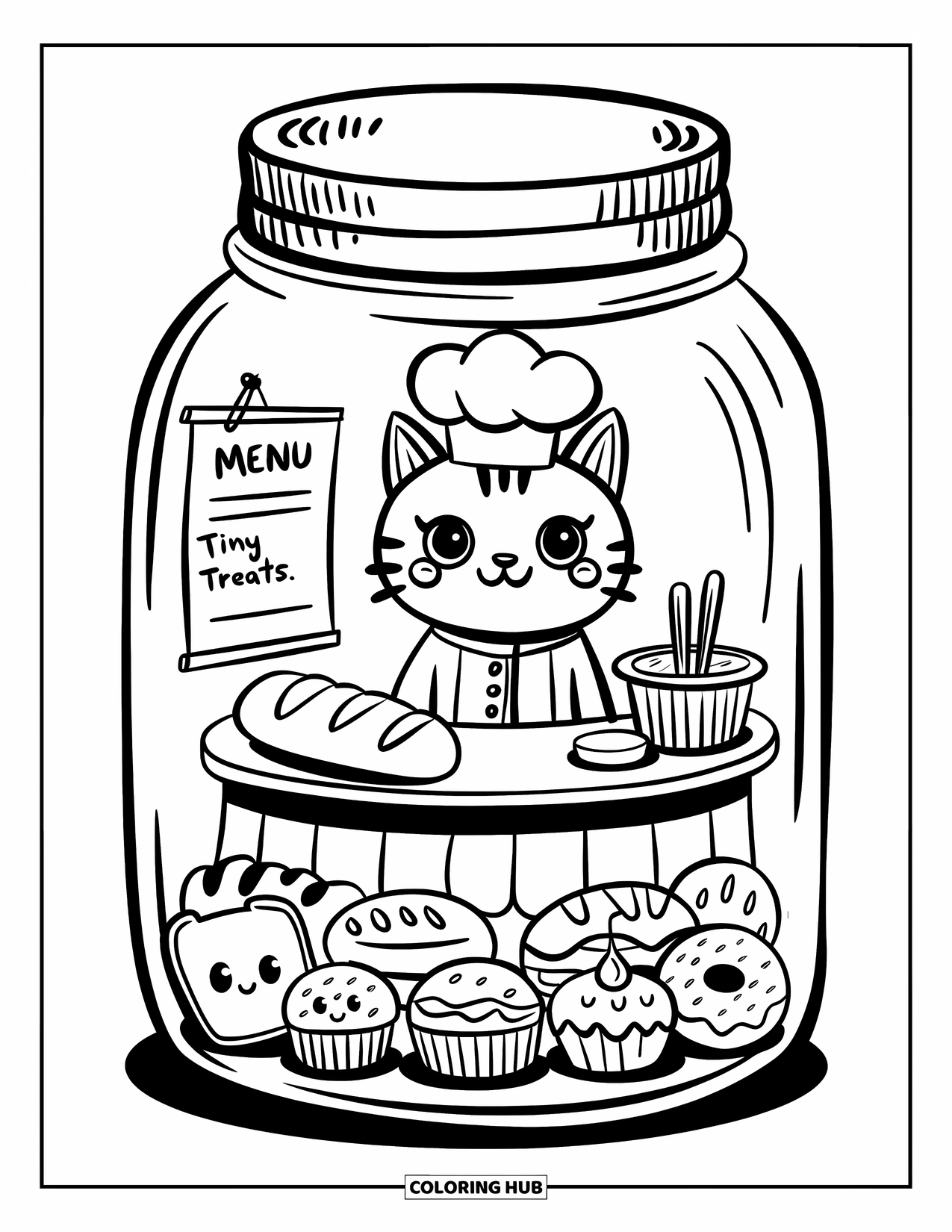 Disegno da colorare di un barattolo per adulti: Un barattolo racchiude una mini panetteria con un gatto soriano, dolcetti e un menu