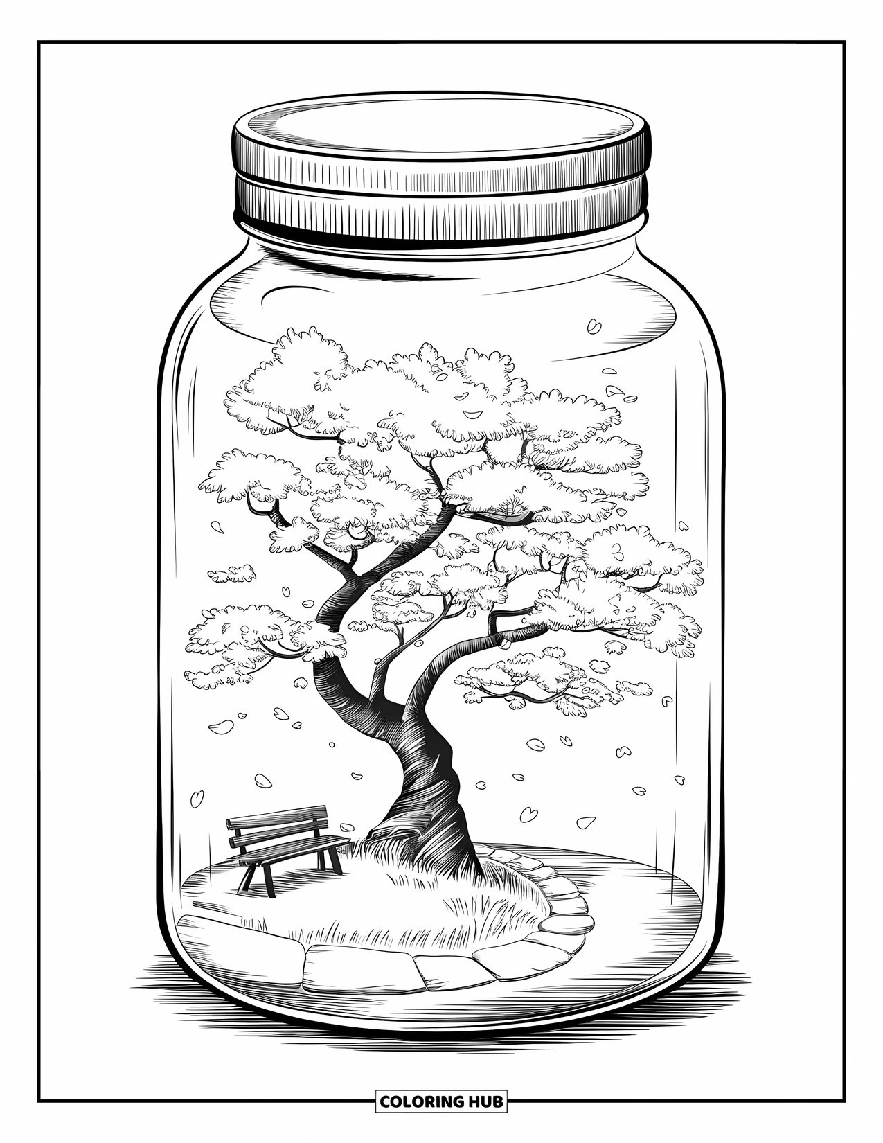 Disegno da colorare di un barattolo per adulti: Un barattolo racchiude un albero di sakura con petali alla deriva, una panchina e un sentiero