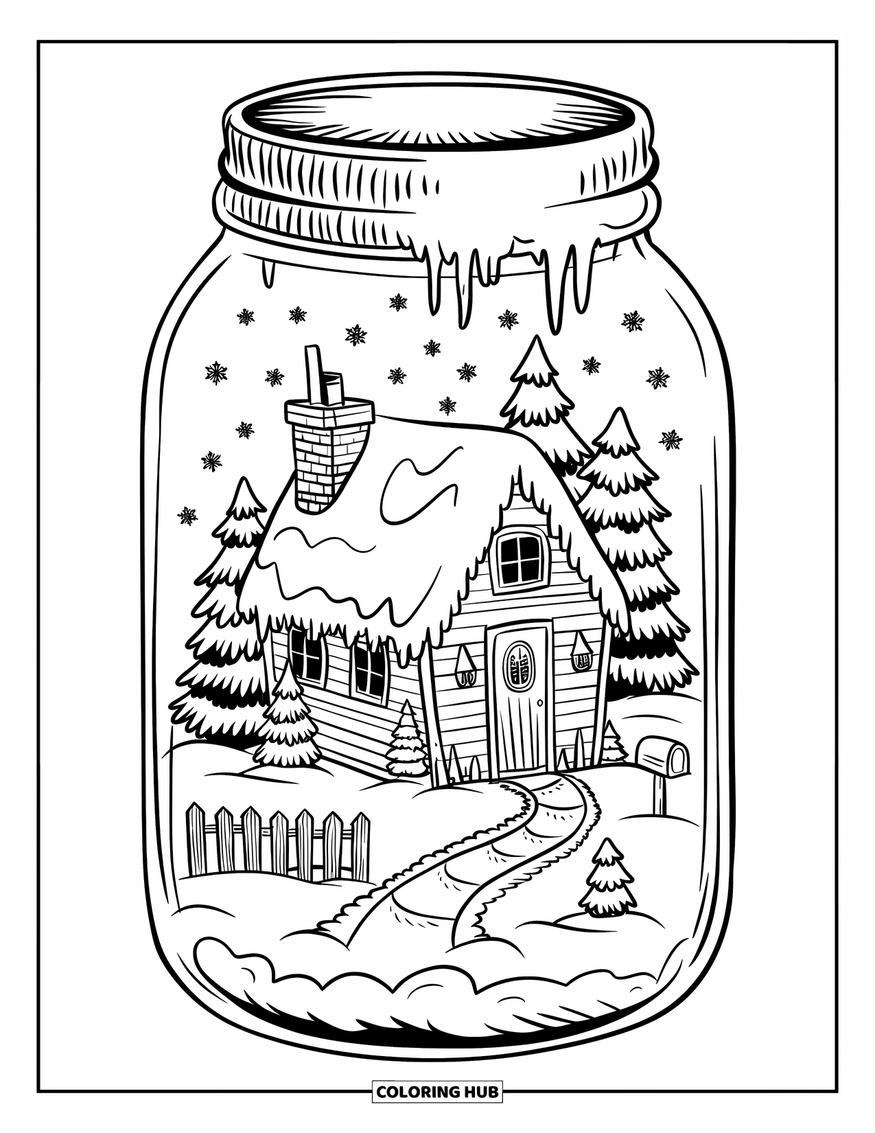 Disegno da colorare di un barattolo per adulti: Un barattolo racchiude un cottage innevato con alberi, un sentiero, una recinzione, una cassetta postale e ghiaccioli
