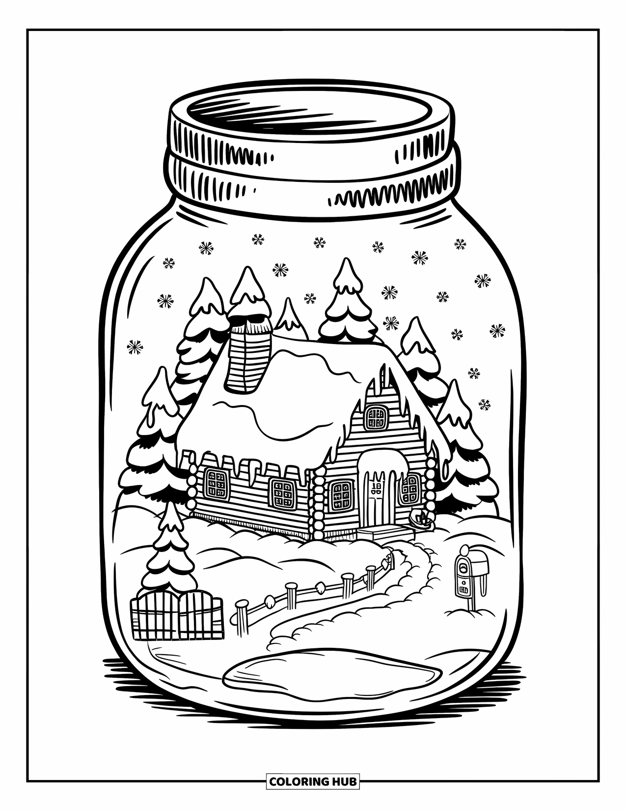 Disegno da colorare di un barattolo per adulti: Un barattolo racchiude un cottage innevato con alberi, un sentiero, una recinzione, una cassetta postale e ghiaccioli