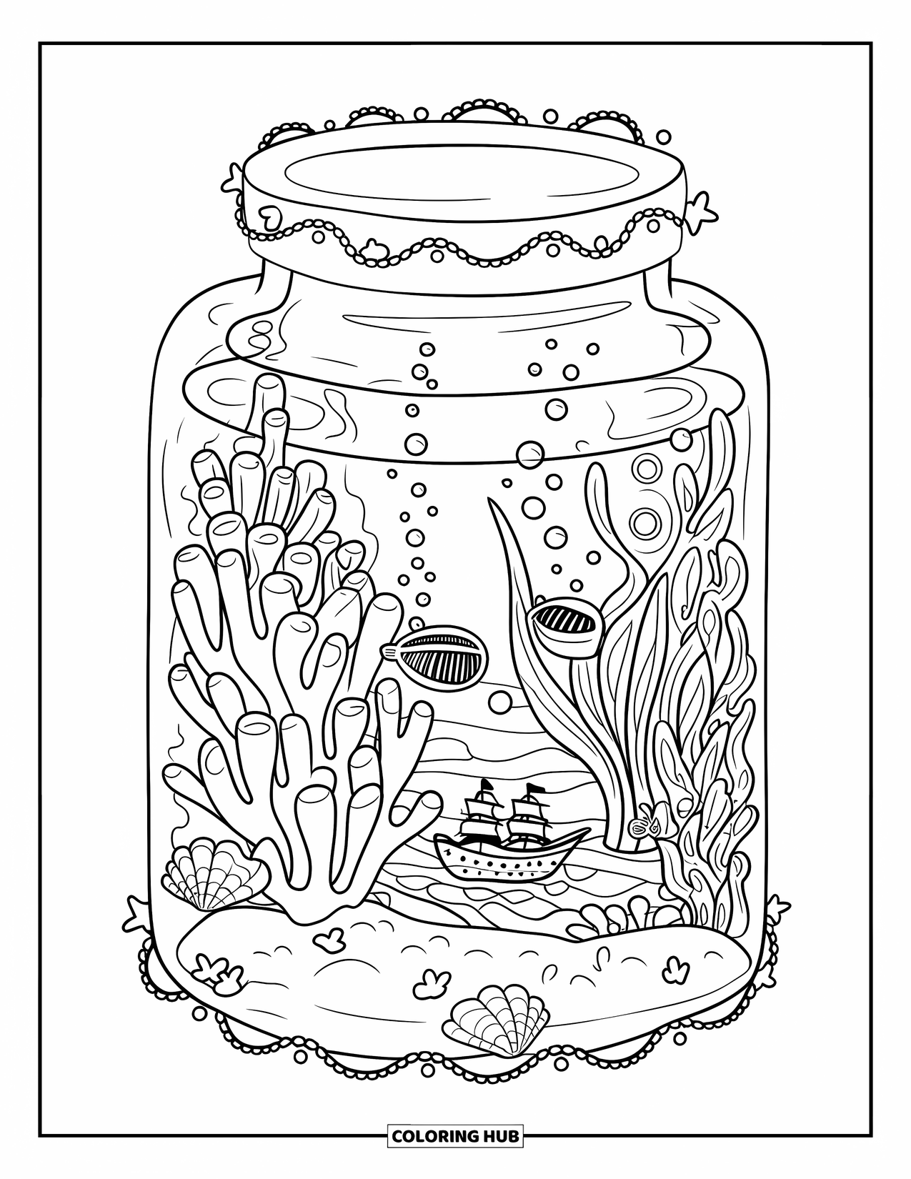 Disegno da colorare di un barattolo per adulti: Un barattolo racchiude una scena sottomarina con coralli, conchiglie, alghe, bolle e una nave