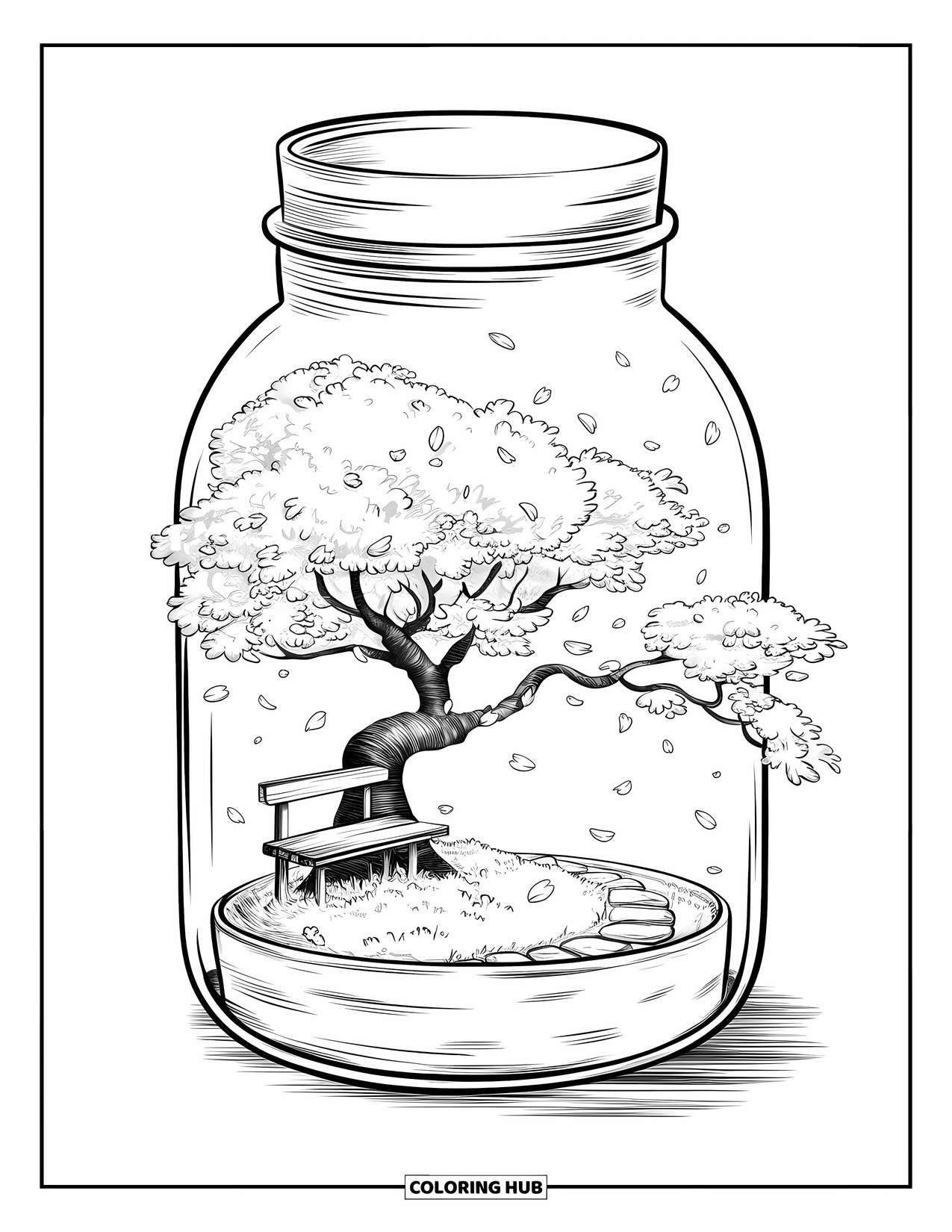 Disegno da colorare di un barattolo per adulti: Un barattolo contiene un albero di ciliegio con petali alla deriva, una panchina e un sentiero