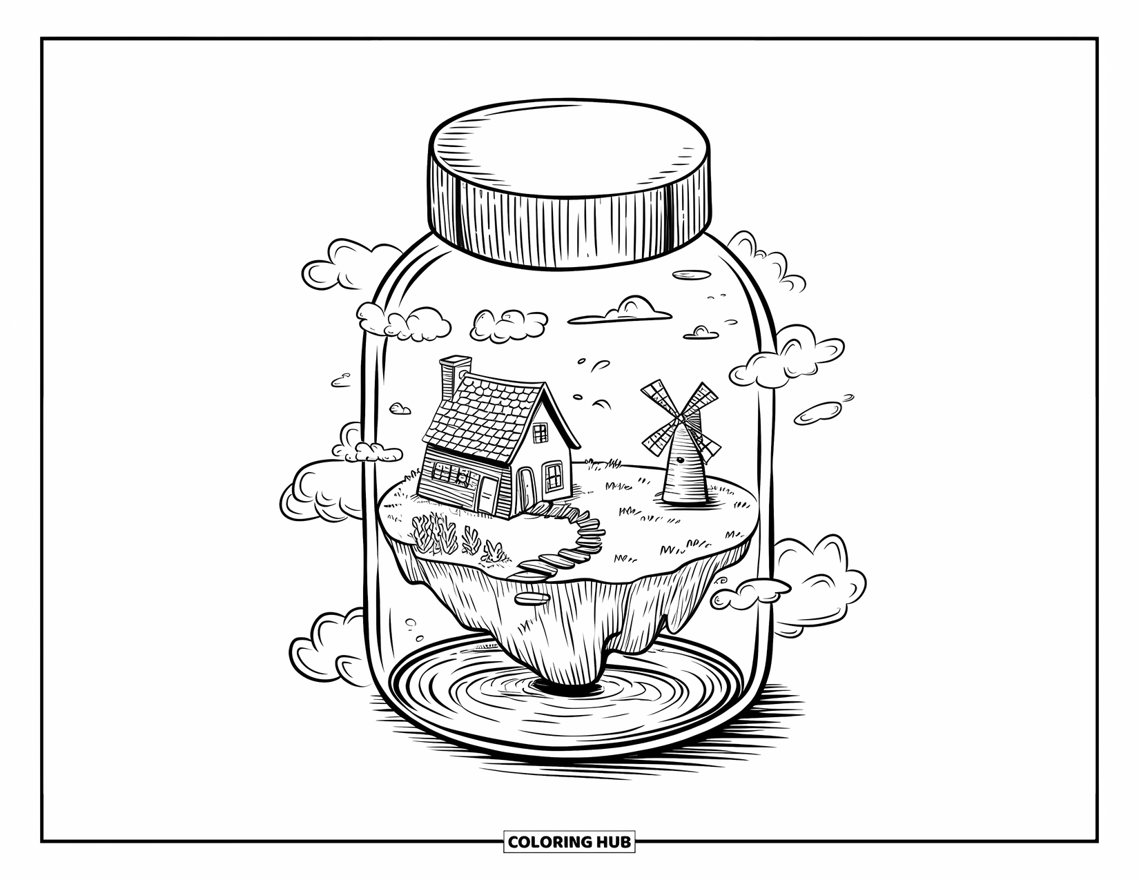 Disegno da colorare di un barattolo per adulti: Un barattolo contiene un'isola galleggiante con una casa, un ponte, un giardino, un mulino a vento e nuvole