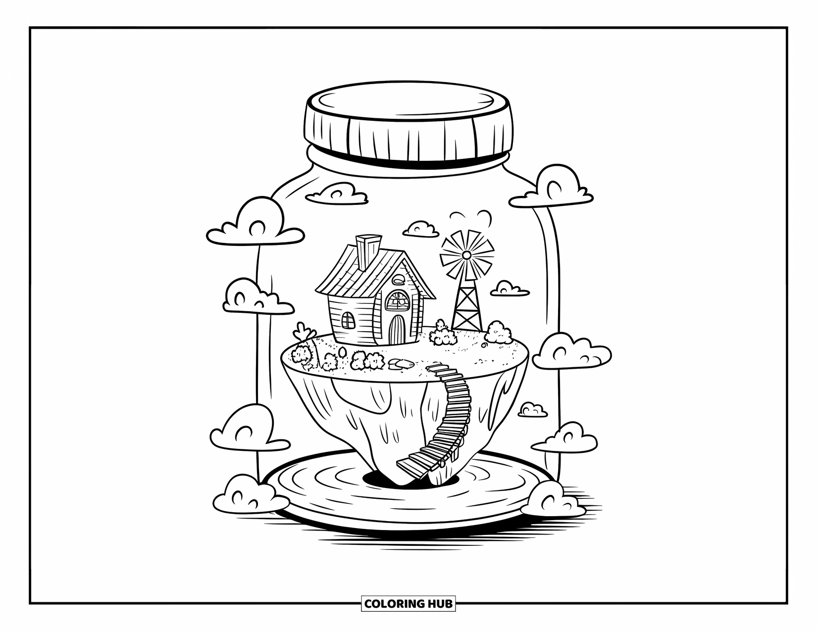 Disegno da colorare di un barattolo per adulti: Un barattolo contiene un'isola galleggiante con una casa, un ponte, un giardino, un mulino a vento e nuvole