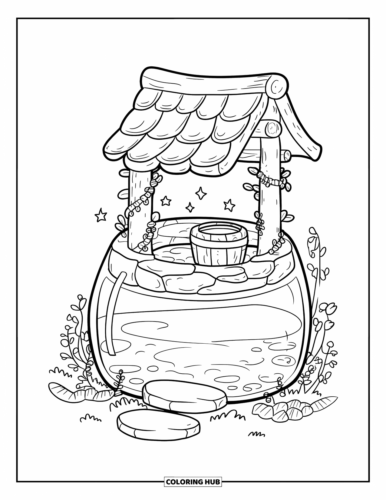 Disegno da colorare di un barattolo per adulti: Un barattolo contiene un pozzo di pietra con viti, un secchio, pietre miliari e stelle galleggianti