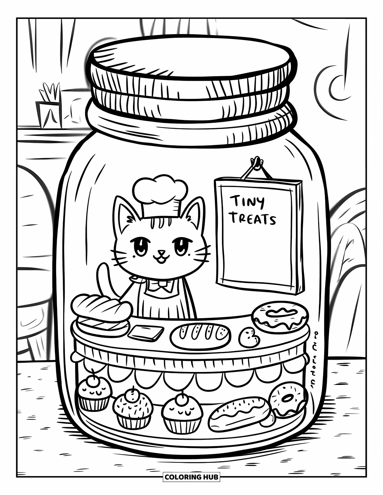 Disegno da colorare di un barattolo per adulti: Un barattolo contiene una piccola panetteria con un gatto soriano, dolcetti e un menu