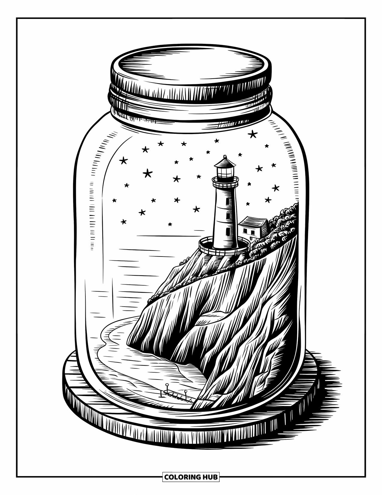 Disegno da colorare di un barattolo per adulti: Un barattolo su legno racchiude un faro con una scala, un molo, un oceano e stelle