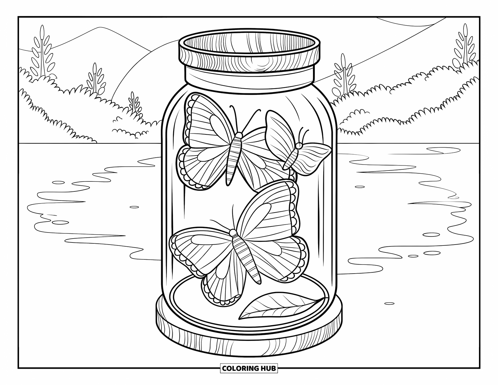 Disegno da colorare di un barattolo per adulti: Un barattolo su legno contiene tre farfalle con motivi unici su uno sfondo sereno