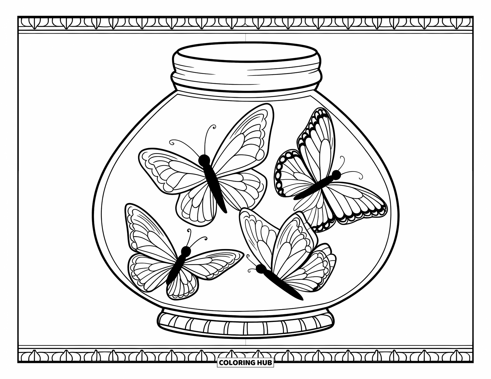 Disegno da colorare di un barattolo per adulti: Un barattolo su legno con tre farfalle con motivi unici presenta un bordo decorativo