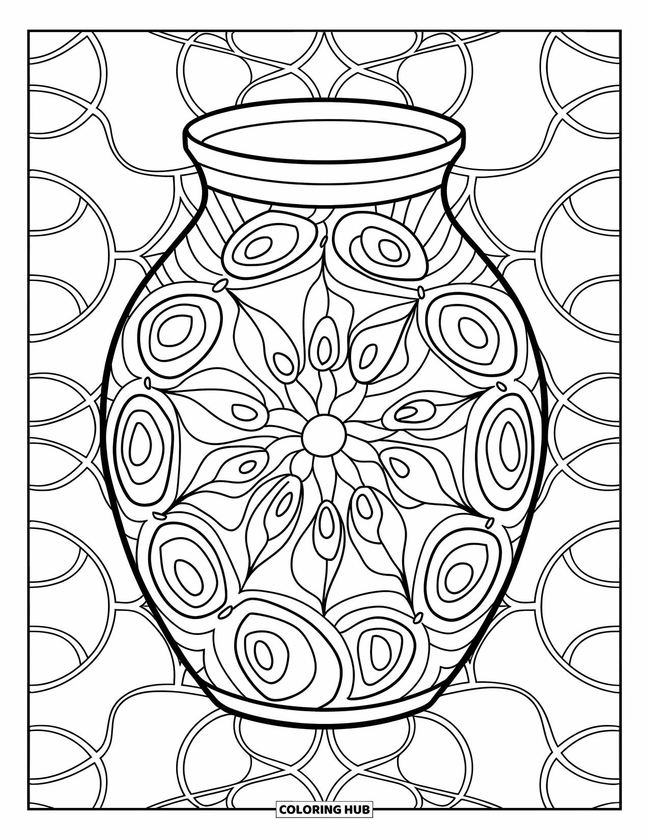 Disegno da colorare di un barattolo per adulti: Un barattolo con motivi simmetrici e vorticosi si trova su cerchi interconnessi