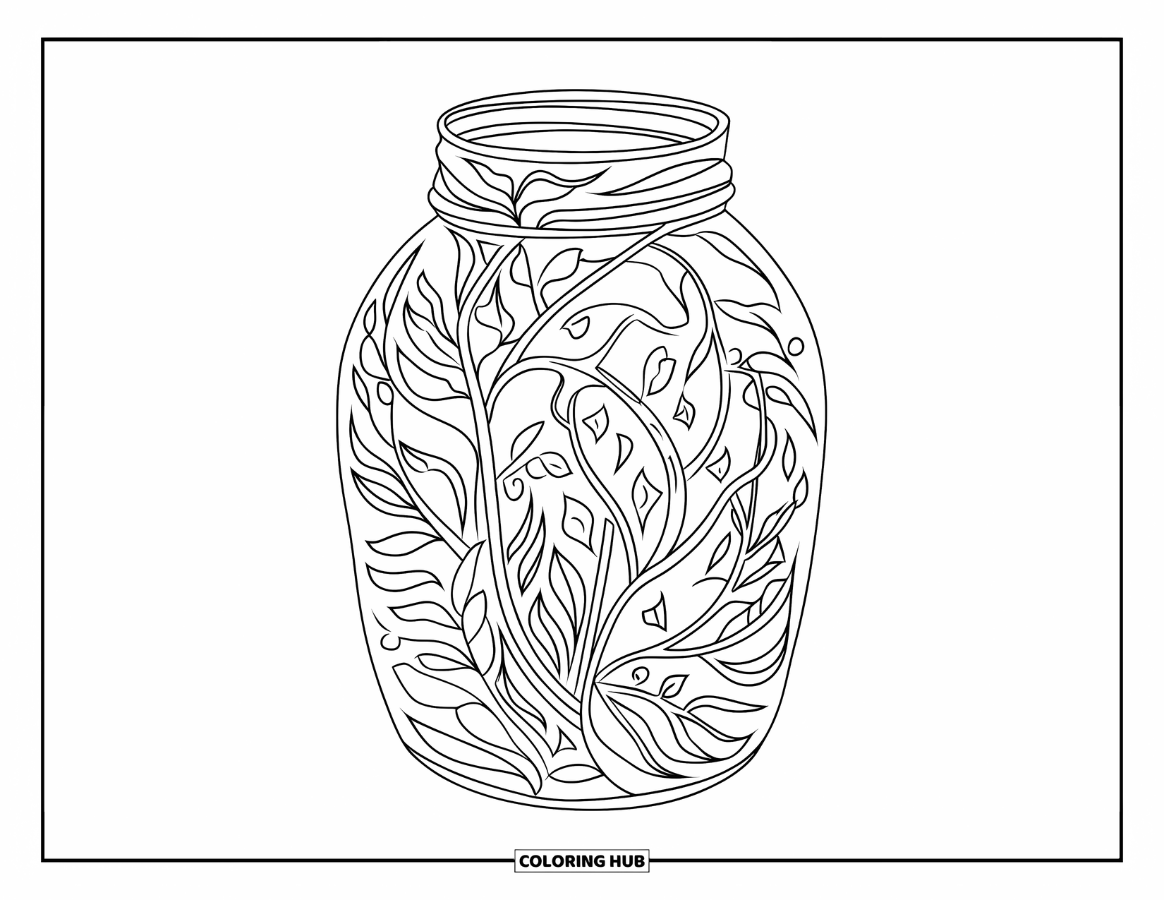 Disegno da colorare di un barattolo per adulti: Un barattolo con rami e foglie avvolti si erge sul bianco, offrendo un design sofisticato