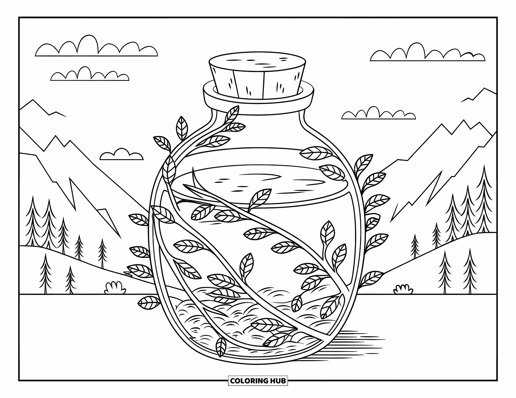 Disegno da colorare di un barattolo per adulti: Un barattolo con rami avvolti, foglie e un tappo di sughero si trova in mezzo a un paesaggio sereno