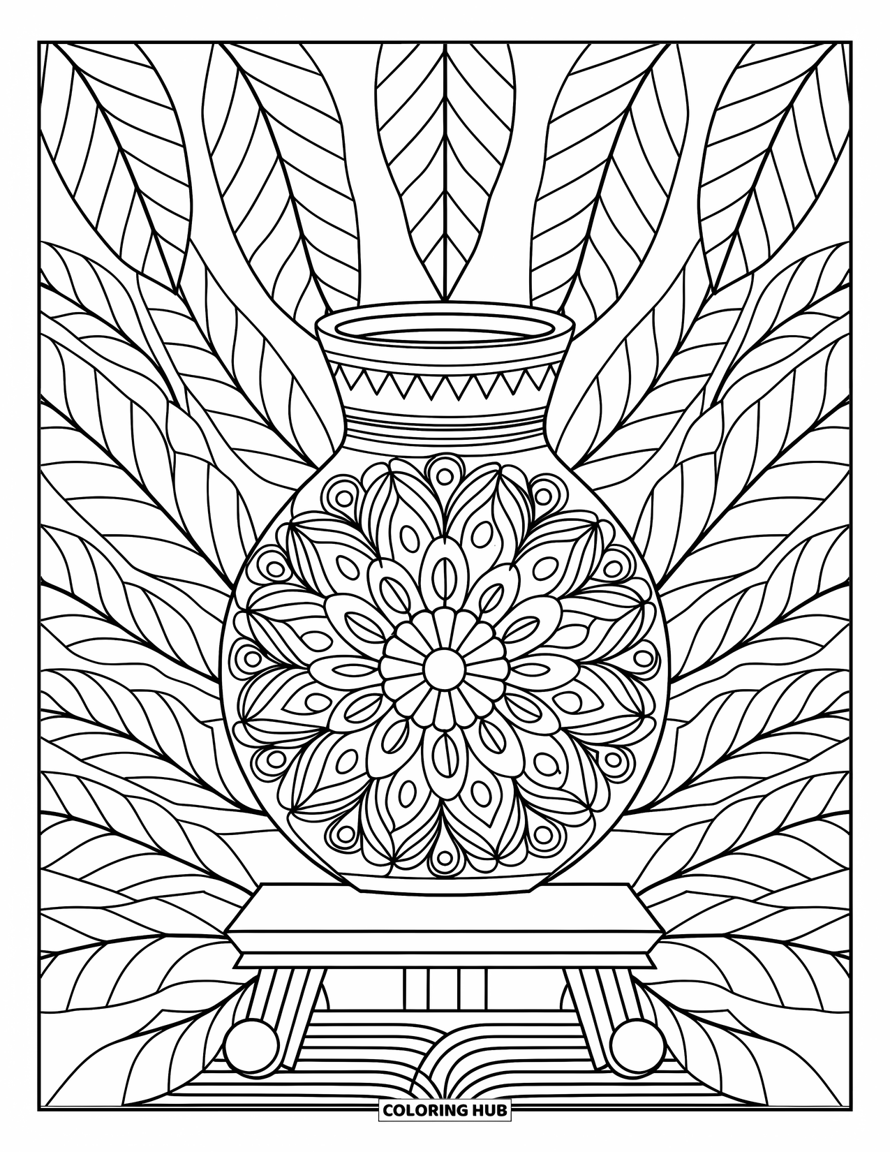 Disegno da colorare di un barattolo per adulti: Un barattolo di ispirazione mandala su un supporto di legno è ambientato su uno sfondo di foglie a motivi