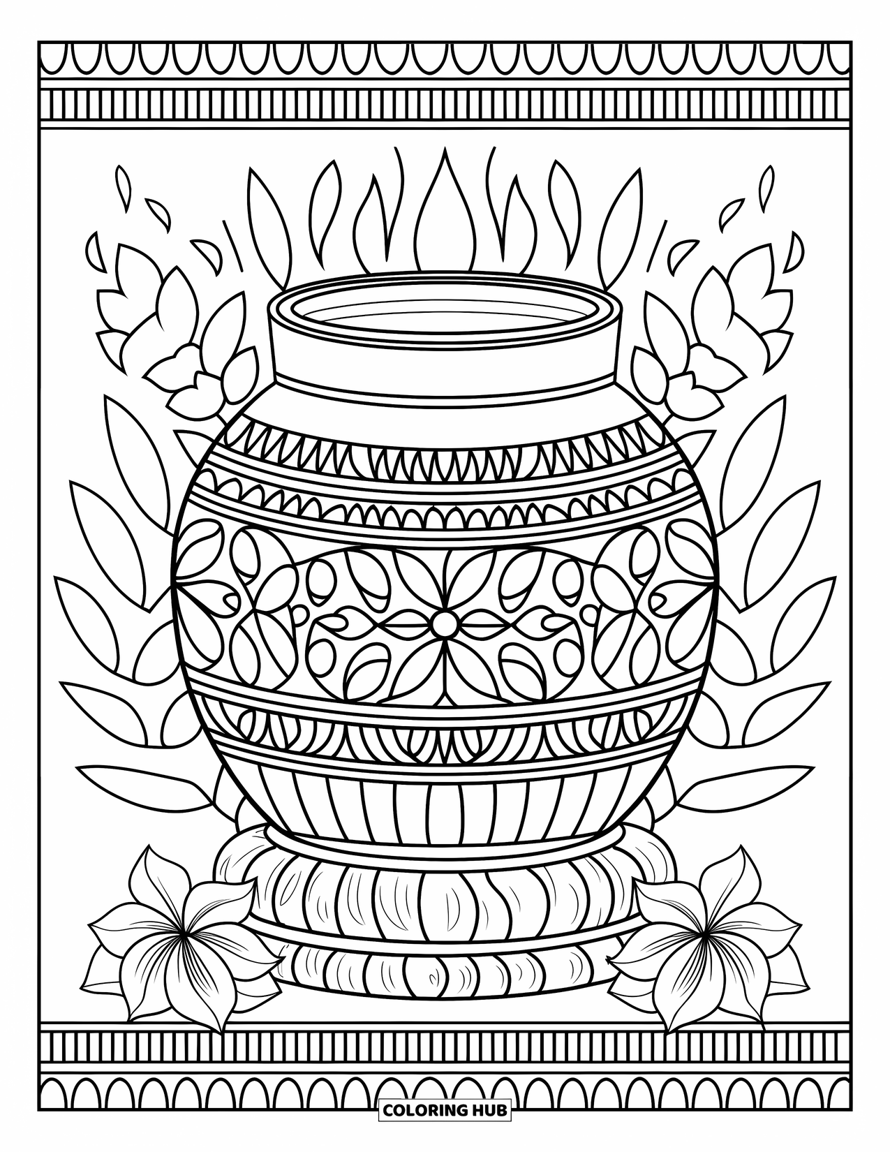 Disegno da colorare di un barattolo per adulti: Un barattolo di ispirazione mandala su legno presenta motivi simmetrici, foglie e fiori su uno sfondo